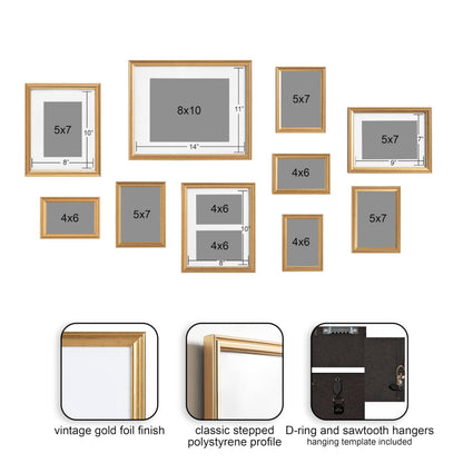 Kate and Laurel Adlynn Photo Frame Set, Set of 10, Varying Sizes, Gold, Traditional Glam Frame Collection for Wall