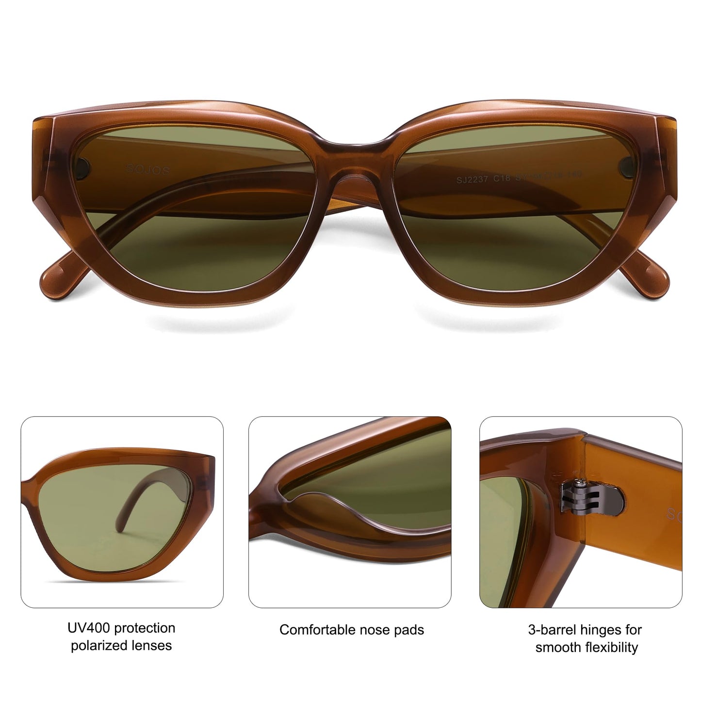 SOJOS Trendy Cute Cat Eye Polarized Sunglasses for Women Fashion Cateye Womens Sunnies SJ2237, Mocha Brown Frame Light Green Lens