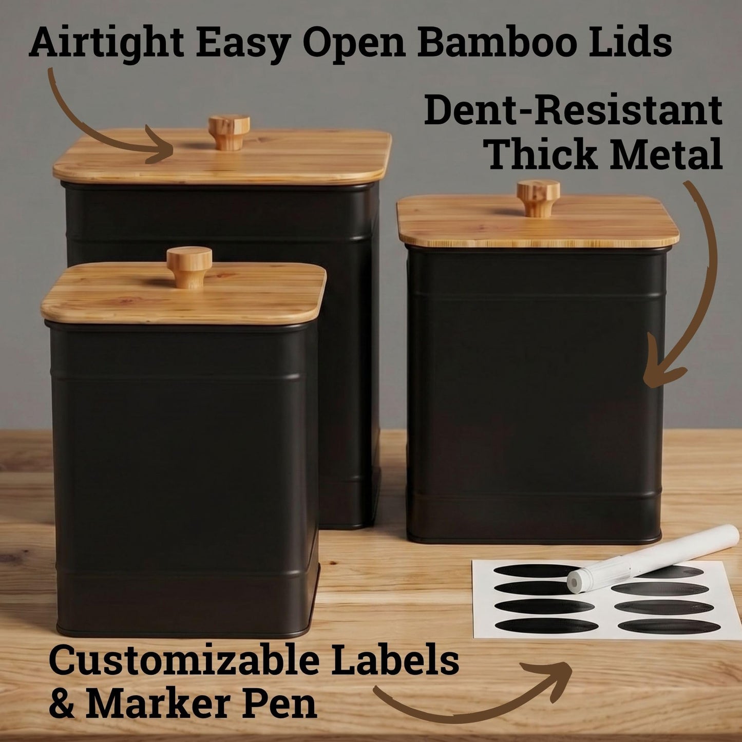 Kitchen Canisters for Countertop Set of 3 with Customizable Chalkboard Labels & Marker Pen - Big Iron Kitchen Canisters with Airtight Lids - Black Canister Set - Flour and Sugar Containers Farmhouse