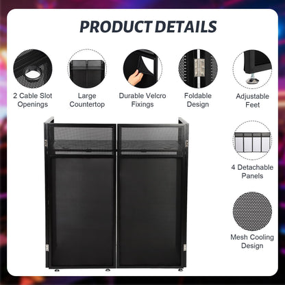 Portable DJ Booth Table Station 44"x42.2"x20.6", Foldable Metal Frame DJ Facade with Black & White Scrims, Detachable 40"x20" DJ Table, Adjustable Height, Carry Bag for Show, Party, Wedding, Events