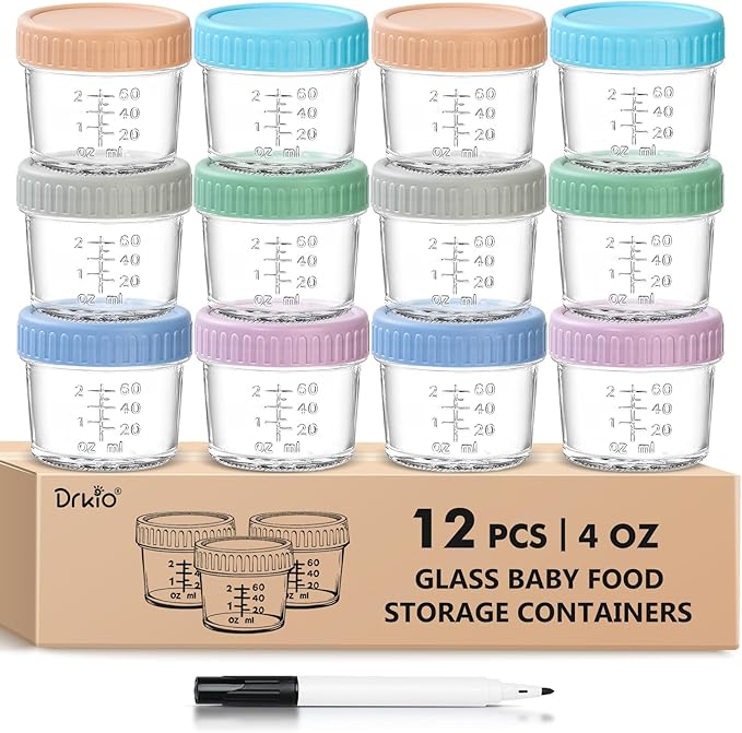 DRKIO 12 Pack Glass Baby Food Storage Containers - 4 Oz Baby Food Jars