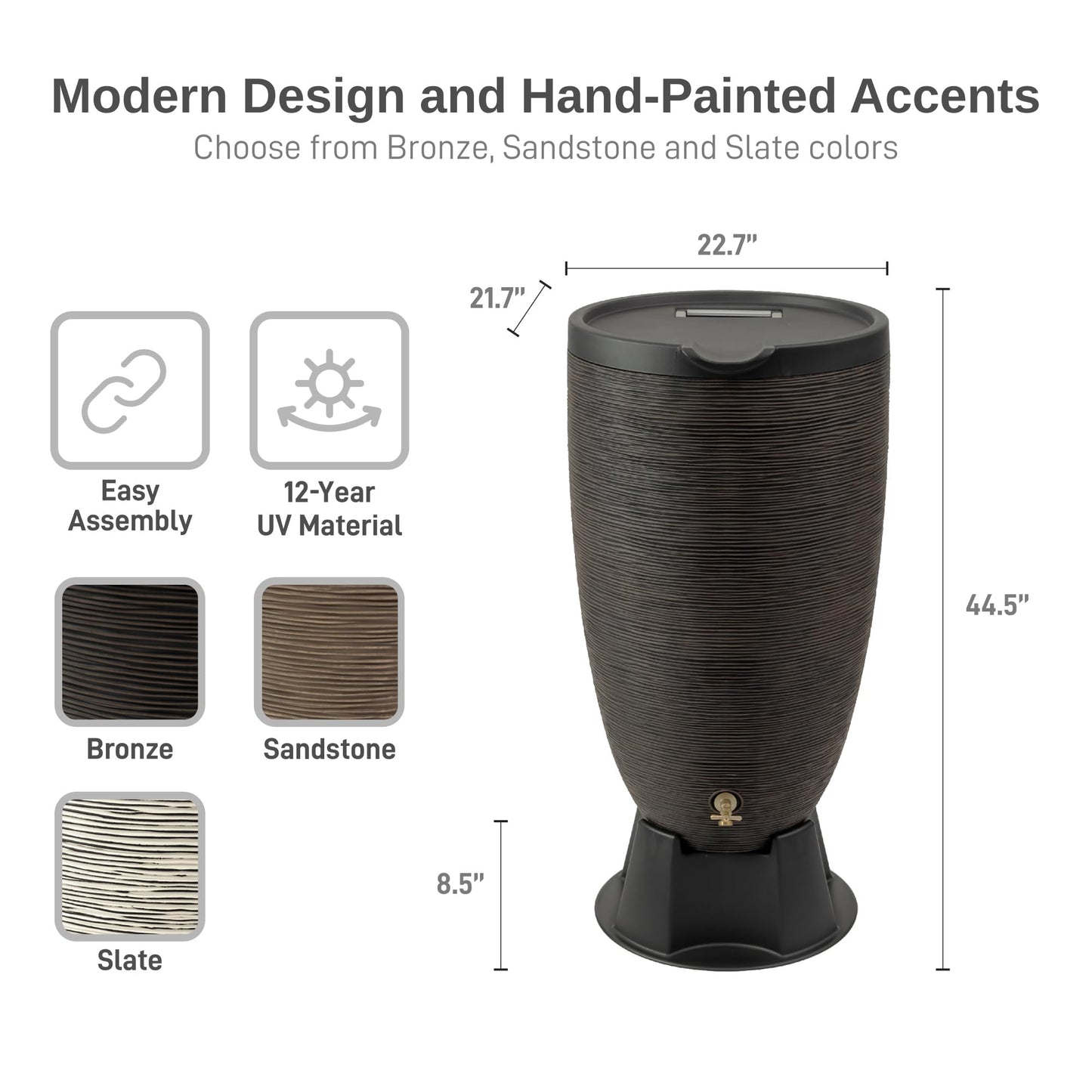 RTS Home Accents 50-Gallon Newport Rain Barrel with Stand and Removable Lid, Bronze Color