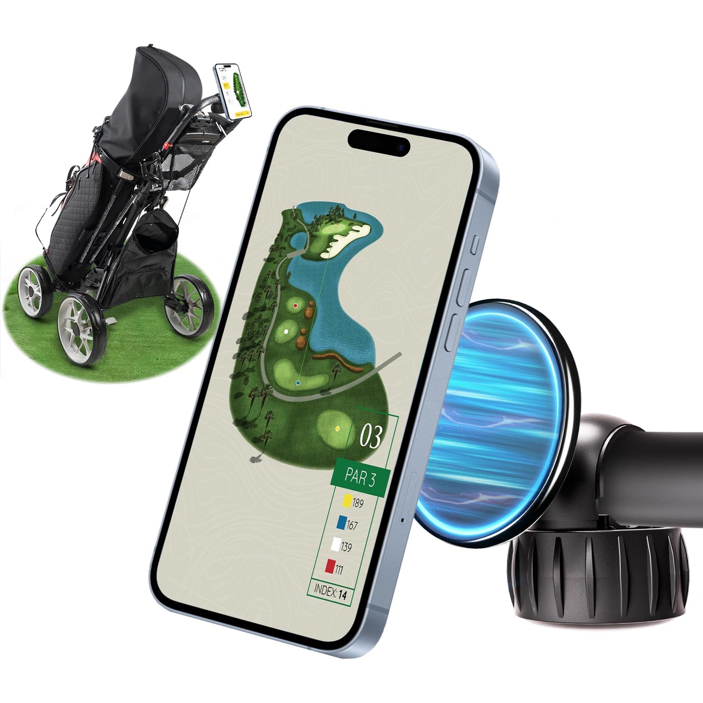 Golf Push Cart Magentic Phone Holder Mount 360° Rotatable with Strong Magnets Phone Holder for Push Golf Cart Compatible with Clicgear, Bag Boy, Sun Mountain, Golf Push Cart Accessories for All Phones