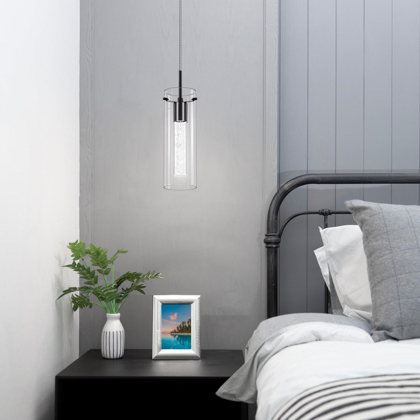Esfos Pendant Ceiling Light Fixture, 6500K LED Kitchen Lighting Crystal Pendant Lights Kitchen Island Brushed Black, Glass Kitchen Hanging Light Fixture Modern Island Light with Crystal Bubble 3 Pack