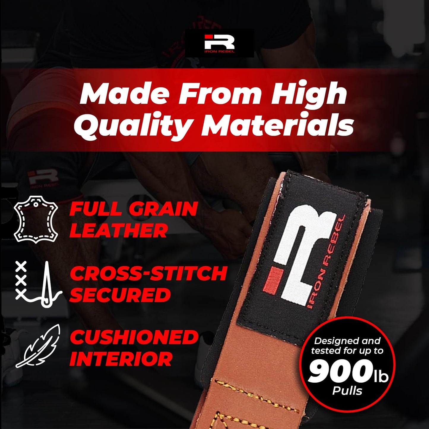 Iron Rebel Leather Lifting Straps (Pair) - Premium Heavy Duty Leather Wrist Straps for Weightlifting, Bodybuilding & Powerlifting - Durable Leather Gym Straps for Deadlifts & Pull-Ups - Men & Women