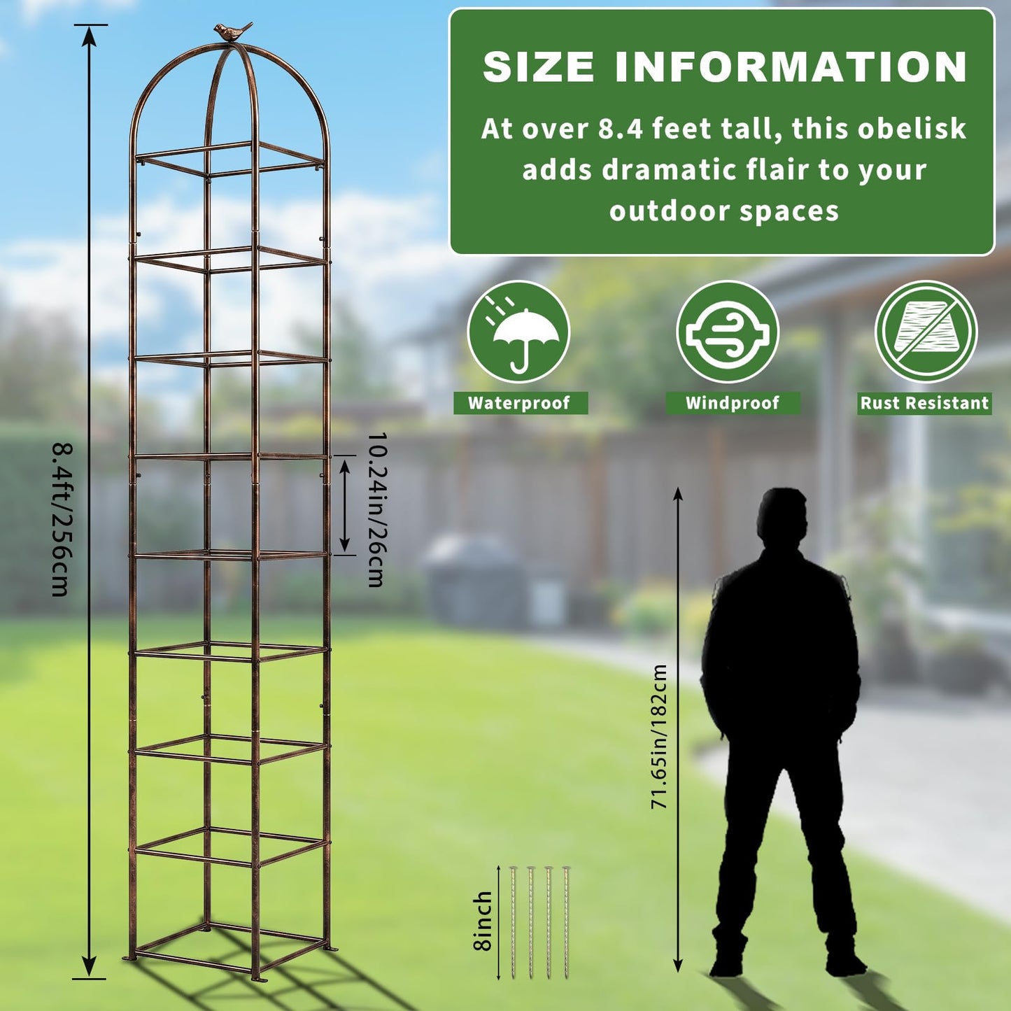 Heavy Duty 8.4 FT Garden Obelisk Trellis for Climbing Plants Outdoor, Rust-Resistant Large Metal Plant Support Tower with Bird Topper & Ground Stakes, Yard Art Decor for Roses Clematis Vines (Bronze)