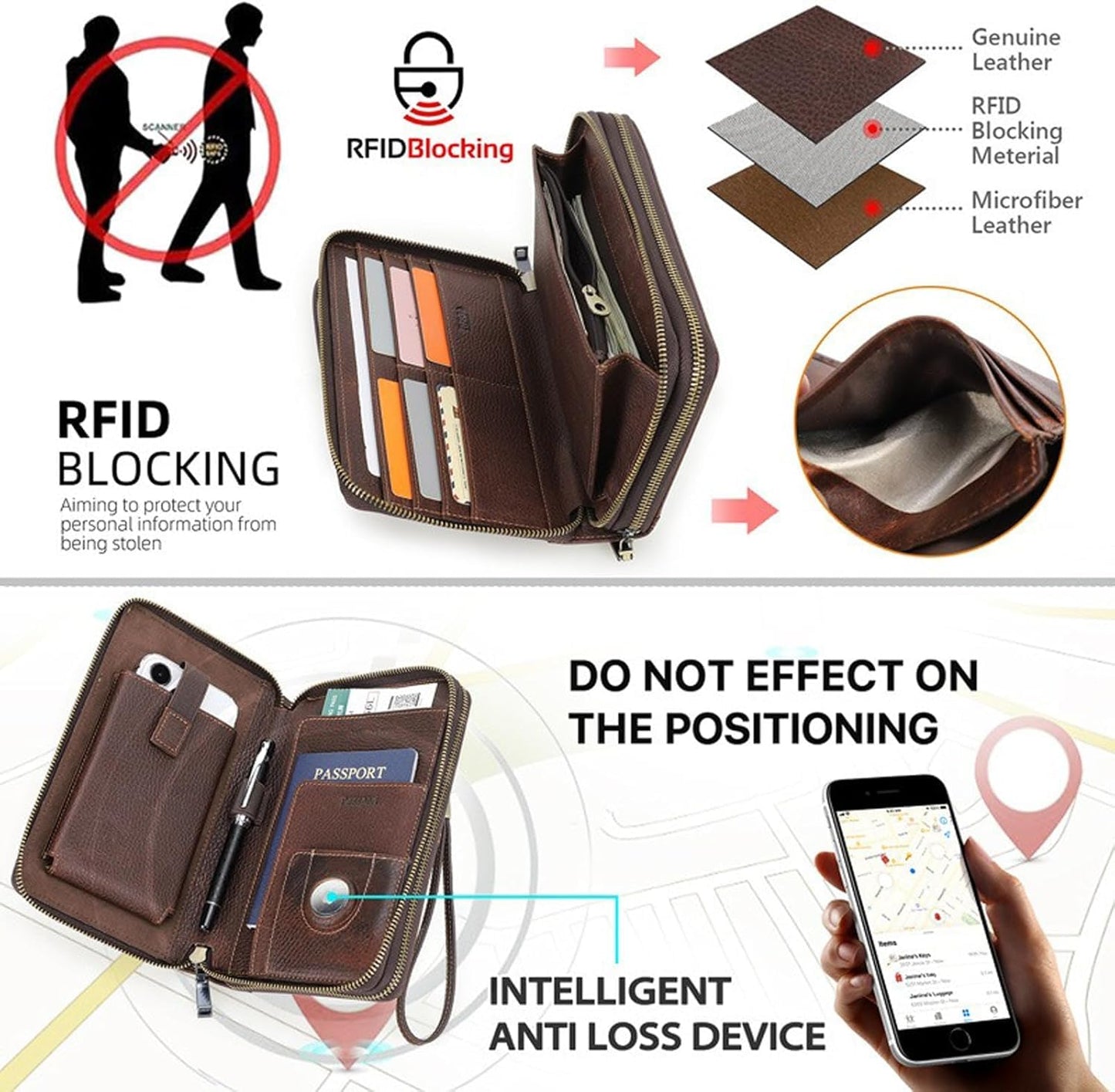 Men's Full Grain Leather Travel Passport Wallet Large Capacity Wristlet Clutch Phone Organizer Purse (Coffee)