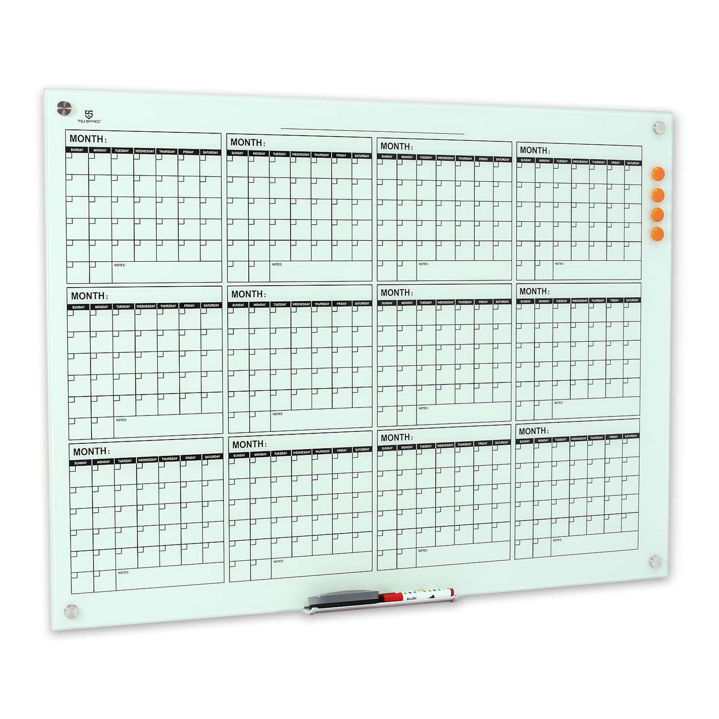 TSJ OFFICE Glass Calendar Whiteboard - 48 x 36 Inches Wall Mounted Yearly Calendar Dry Erase Board, Large Magnetic Glass White Board for Office, Home & School