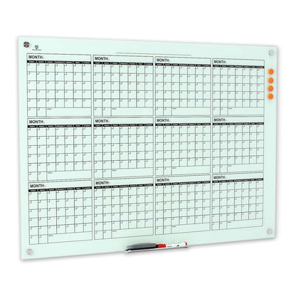 TSJ OFFICE Glass Calendar Whiteboard - 48 x 36 Inches Wall Mounted Yearly Calendar Dry Erase Board, Large Magnetic Glass White Board for Office, Home & School