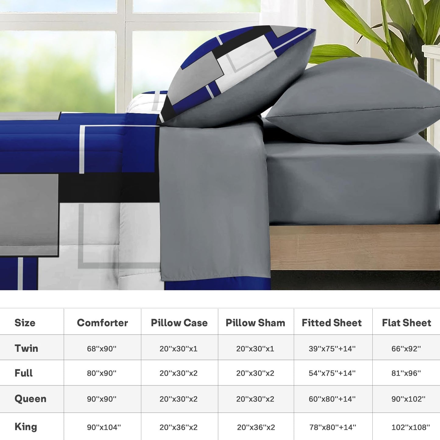 Nesker Comforter Set Full Size, Blue Black Geometric 7 Pcs Bedding for Kids and Adults, Abstract Modern Grey Bed Sheet Sets with Fitted Sheet 2 Pillowcases & 2 Shams