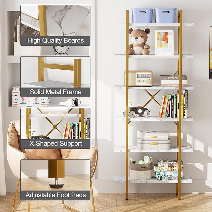 6 Tiers Bookshelf Organizer White Faux Marble Shelf, Modern Open Display