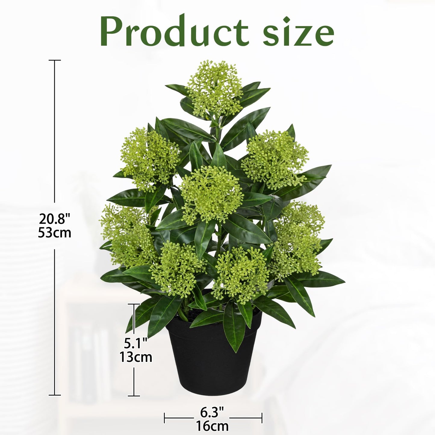 Briful Artificial Skimmia Japonica Plant in Pot, 20.8" Tall Faux Green Berry Flowers with Black Pot, Realistic Potted Floral Arrangement for Home Office Table Shelf Decor