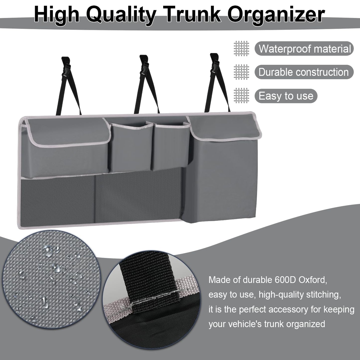 UYYE Trunk Hanging Organizer, Backseat Storage Bag, Collapsible Car Interior Accessories with 4 Pockets & 2 Mesh Pouches for Tools, Provide More Storage Trunk Space for SUV, Jeep, MPVs (Grey)