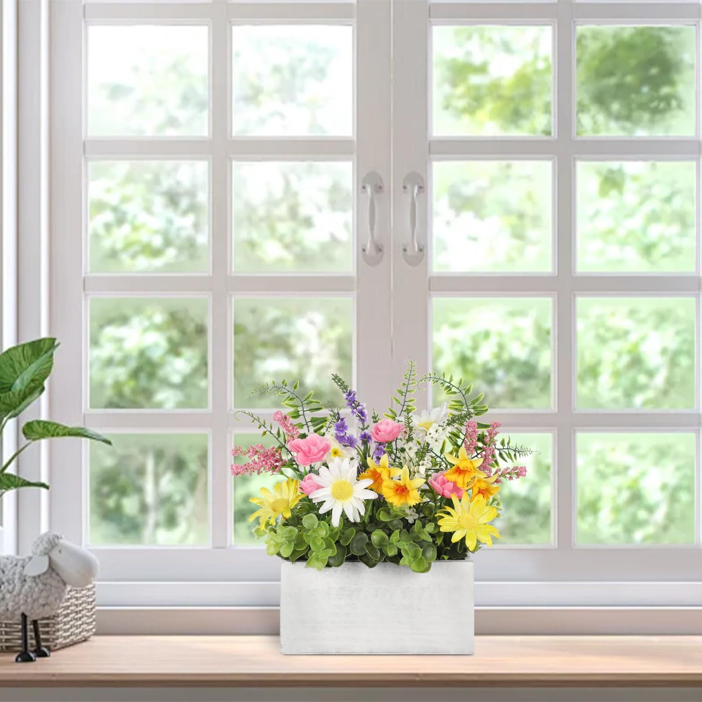Briful Table Floral Arrangement Centerpiece, Artificial Flowers in Wooden Vase, Flower Plants Centerpieces for Tables, Farmhouse Table Decor, Living Room Dining Coffee Table Shelf Decor