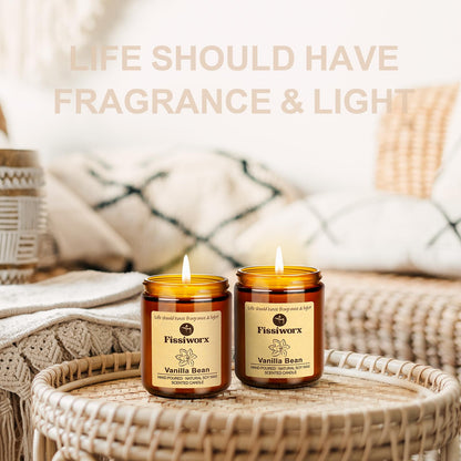 Fissiworx Vanilla Scented Candle Set 2 Pack, Candle for Home Scented, Odor Eliminating, Stress Relief, 15oz, 110 Hours Long Lasting Candles, Soy Candle Gift Set for Women