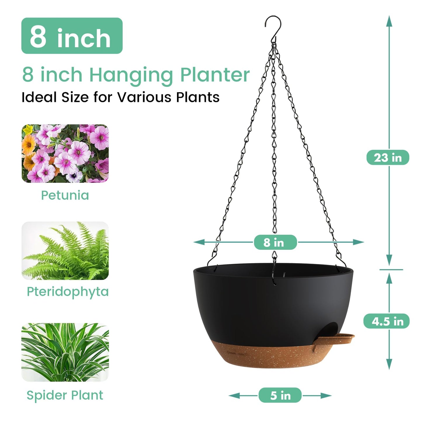 UOUZ 4 Pack 8 Inch Self Watering Hanging Planters for Indoor Outdoor Plants，Hanging Pots for Plants with Drainage Removable Tray, Hanging Baskets Flower Pots for Pothos Spider Garden Black with Brown