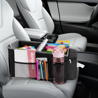 Alijees Car Seat Organiser - Car Caddy Accessories Organiser Back Seat for Kids, Car Boot Storage Backseat Organiser Front Seat With Cup Holders, Tissue Box, Multiple Mesh Pockets, Black