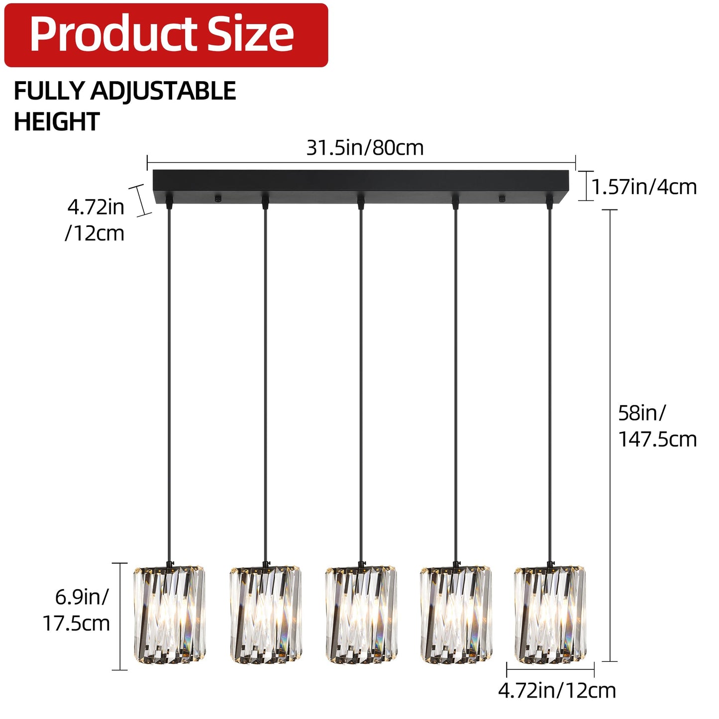 BESTWEST Linear Crystal Chandelier 5-Light Black, K9 Crystal Island Pendant Lighting Large Rectangular Ceiling Light Fixture, Adjustable Hanging Light for Kitchen Island Dining Room Living Room, E26