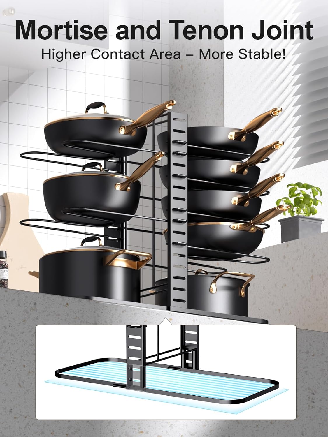 MUDEELA Pots and Pans Organizer Rack under Cabinet 14.55in Height, 8-Tier Kitchen Cabinet Organizers and Storage, Light-Duty Adjustable Pot Racks, Pan Organizers inside Cabinet with 3 DIY Methods