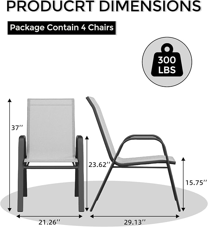 Outdoor Stackable Dining Chairs Set of 4, High-Back Patio Stacking Chairs, Patio Chairs with Textilene Farbic & Metal Frame for Lawn Backyard Deck Garden,Grey