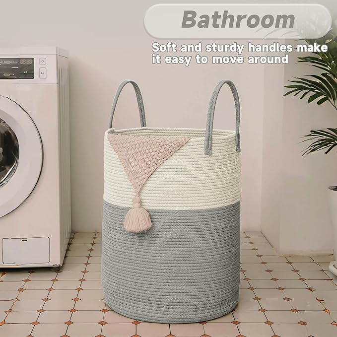 Large Woven Laundry Basket Hamper, 60L Cotton Rope Storage Bin