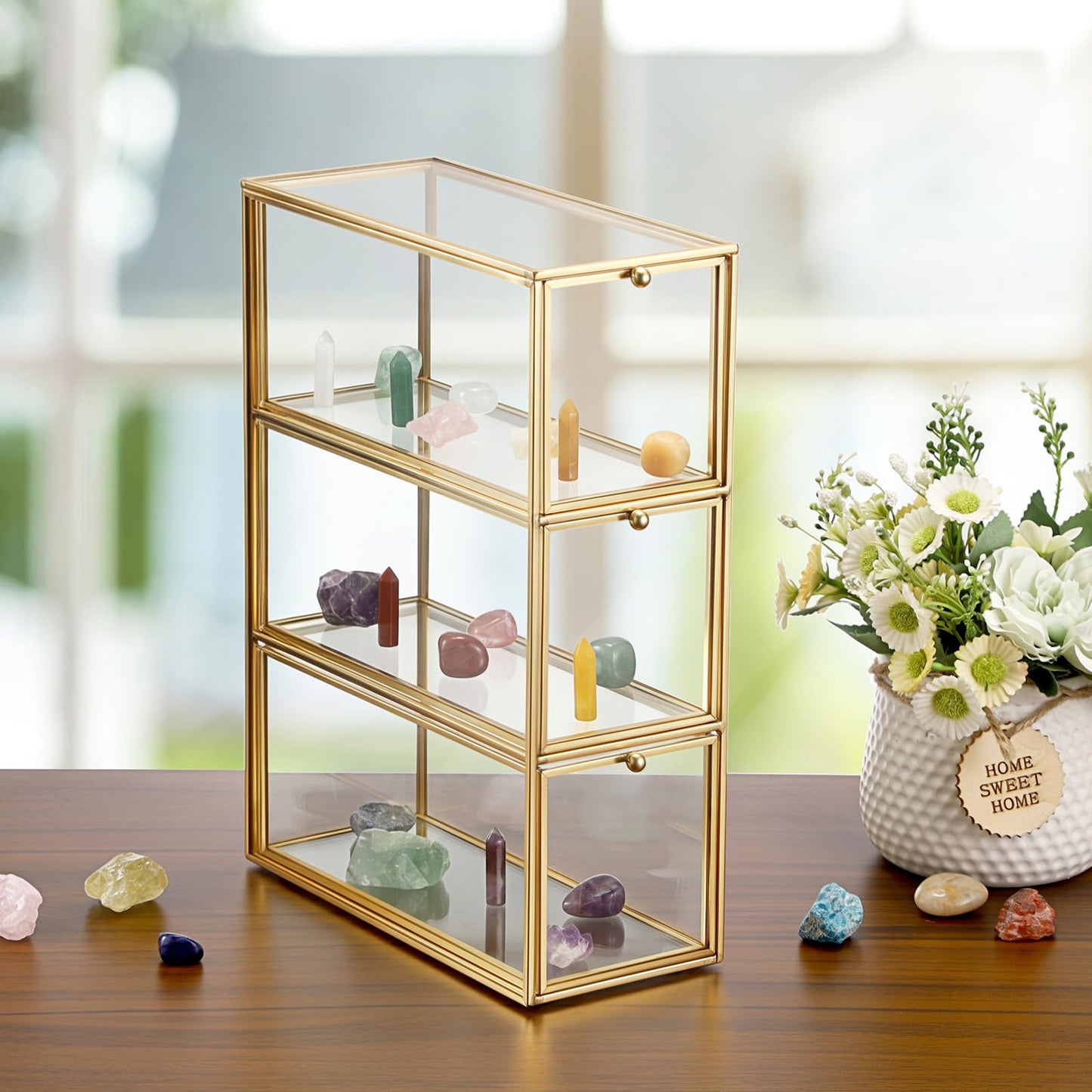 JUXYES Tabletop Brass Glass Rock Display Case with 3 Drawers - Modern Clear Rocks Collections Display Case Box - Gold Dust Proof Case Small Shelf for Collectible, Mineral Crystal, Rock, Stones