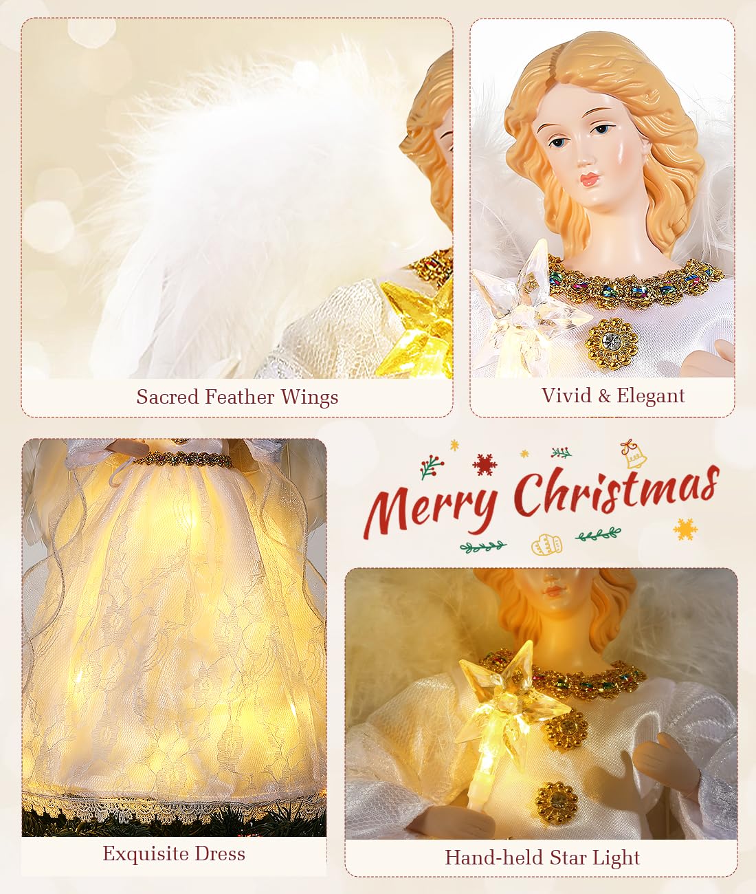 Luxspire Christmas Tree Topper, Angel Tree Topper with Lights, Angel Topper for Christmas Tree with Remote Control & Timer, USB Lighted Christmas Decorations for Holiday Home Indoor, White