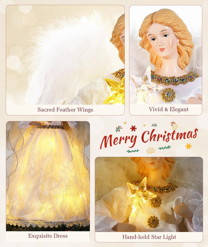 Luxspire Christmas Tree Topper, Angel Tree Topper with Lights, Angel Topper for Christmas Tree with Remote Control & Timer, USB Lighted Christmas Decorations for Holiday Home Indoor, White