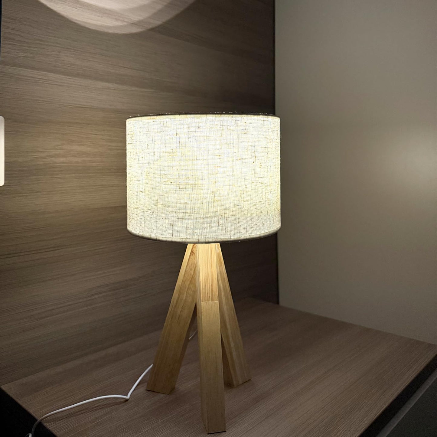 Tripod Table Lamp, Small Cute Bedside Lamp with Linen Beige Lampshade, Nightstand Lamp for Nursery, Bedroom, Kid Room, Living Room, Light Brown Wooden Base, E26 Socket, 12.8Inch, 3000K, 4500K, 6000K