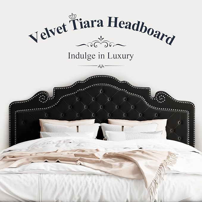 Allewie King Bed Frame with Adjustable Velvet Tiara Headboard, Upholstered