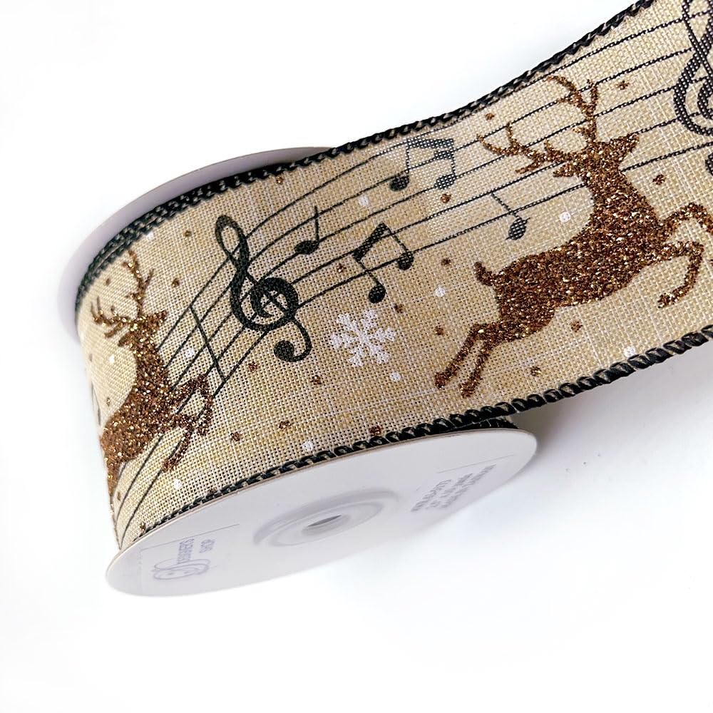 Designer's Shop Christmas Musical Glitter Reindeer Burlap Ribbon