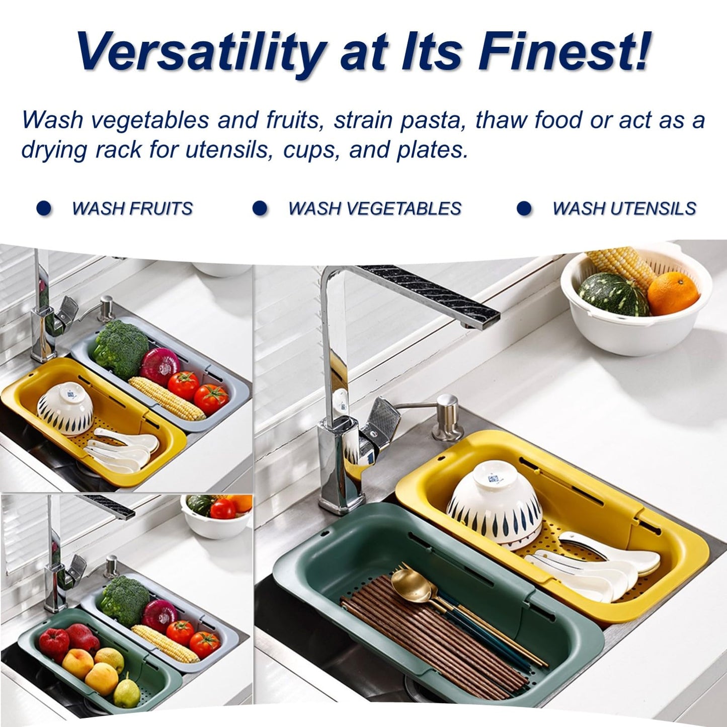 Extendable Sink Colander Strainer Basket - Wash Vegetables and Fruits, Drain Cooked Pasta and Dry Dishes - Adjustable Over the Sink Colander Collapsible Drainer Basket -Gray