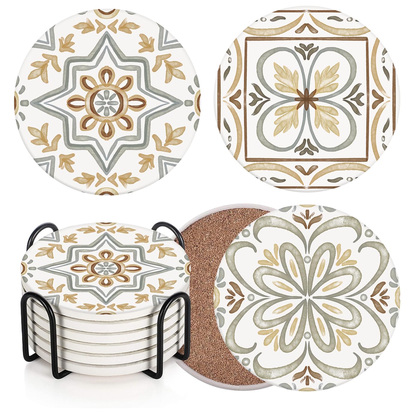 Bribay Coaster for Drinks Set of 6, Ceramic Gray Moroccan Talavera Absorbent Round Ceramic Stone Mat, with Cork Base and Metal Holder, Gift for Housewarming Room Bar Decor