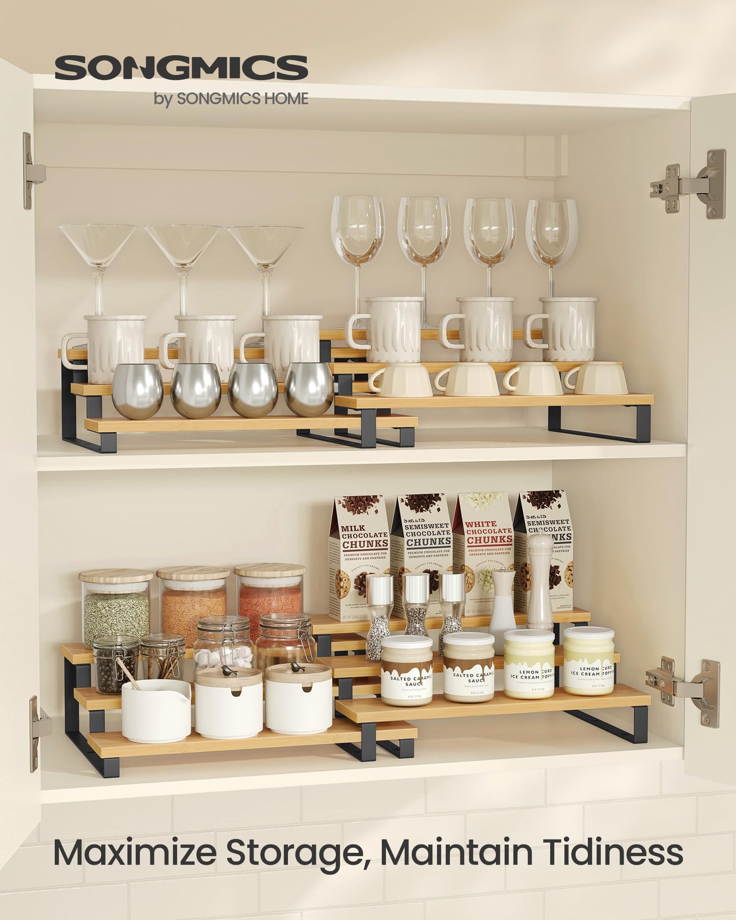SONGMICS Display Risers, Set of 2 Engineered Wood Perfume Organizer Stand, 3-Tier Cupcake Stand Holder, Spice Rack, Shelf Risers for Figures, Dessert Shelves, Natural Beige and Ink Black UKCS016N01
