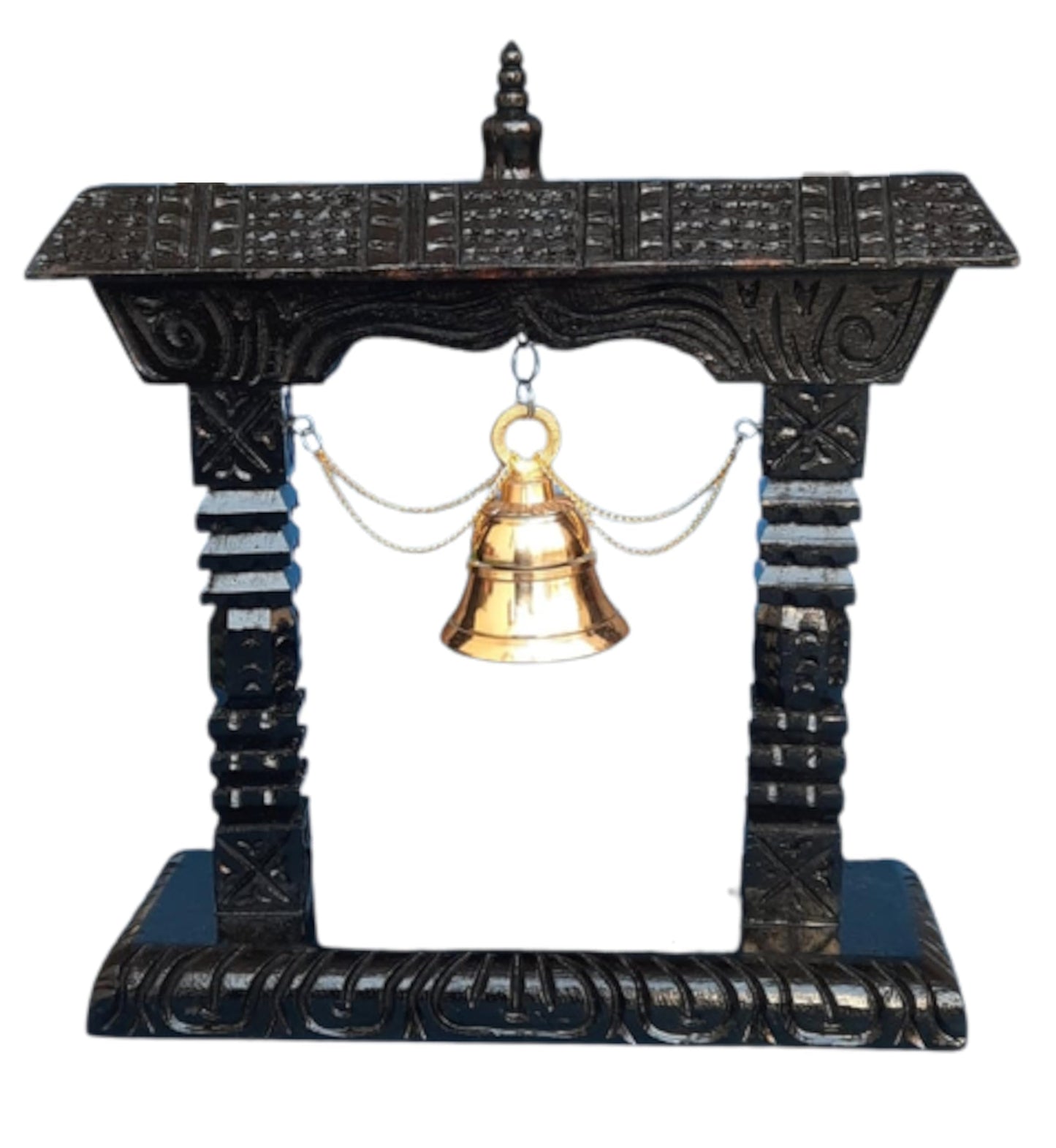 Himalayan Craft Traditional Table Brass Bell On Wooden Frame Pooja Hand Bell Ghanti for Temple Home Store for Puja Gift Decoration & Collections - Handmade in Nepal
