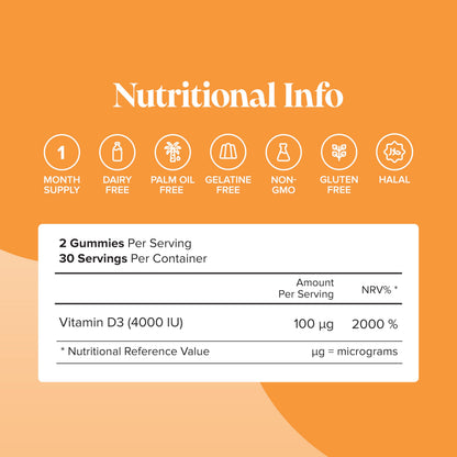 Vitamin D Gummies - 4000 IU Vitamin D3 - Vegetarian & Gluten Free - VIT D Gummies for Bones & Teeth - Alternative to Vitamin D Tablets & Spray - 60 Gummies - 1 Month Supply - Novomins