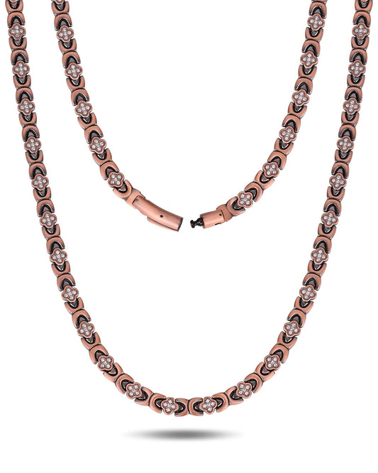 Feraco Copper Necklace for Women, 99.99% Pure Copper Magnetic Chains with 3500 Gauss Ultra Strength Neodymium Magnets & Sparkling Cubic Zirconia, Adjustable CloverJewelry Gift