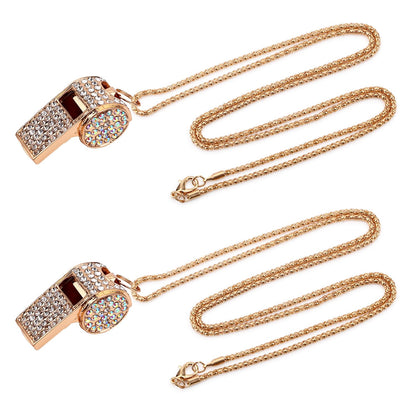 Gosknor 2pcs Gold Diamond Metal Bling Crystal Rhinestone Whistles with Golden Chain Lanyard Shining Loud Sound Sports Gift Gear for Referees, Teachers, Officials, Basketball, Football Training