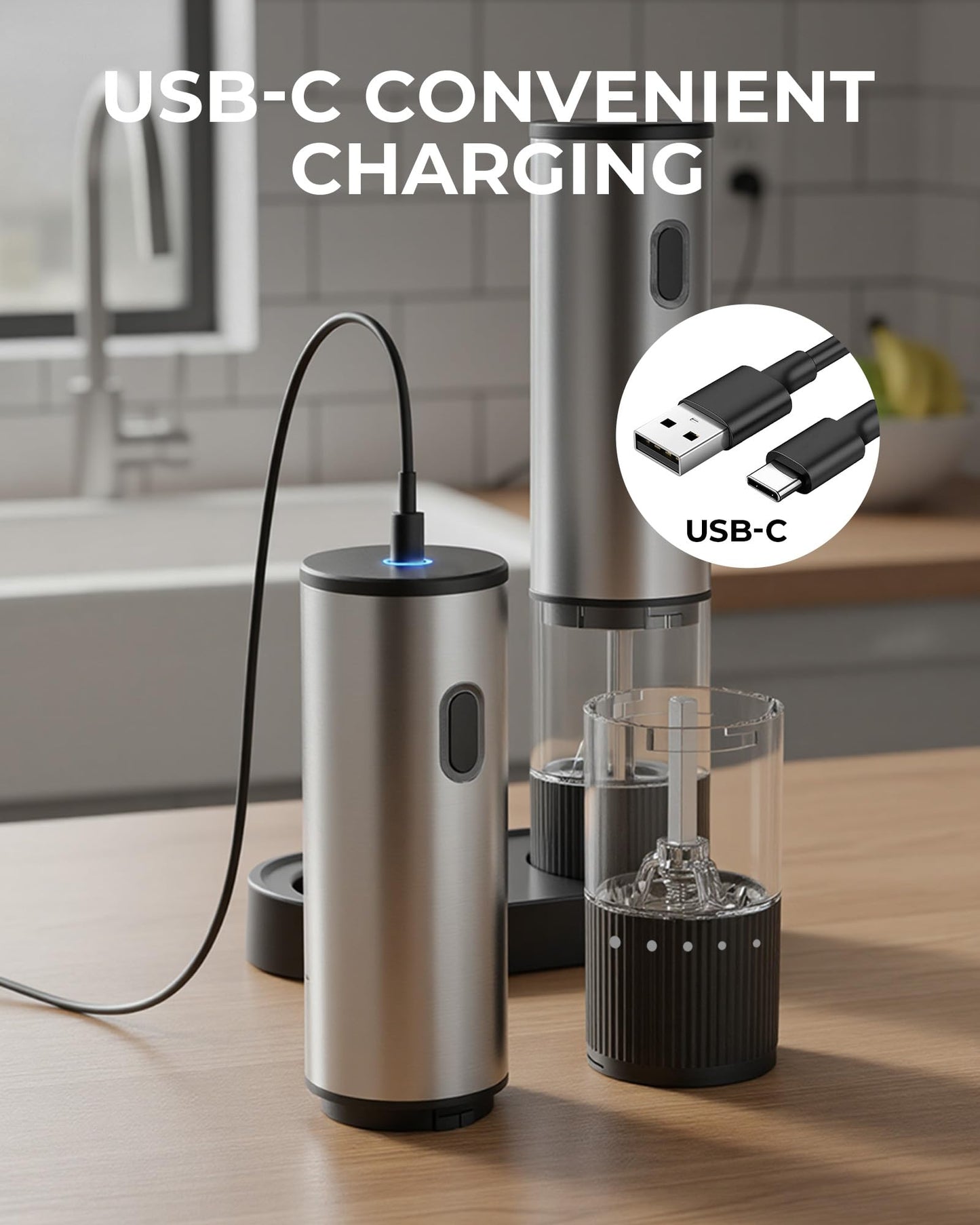 Electric Salt and Pepper Grinder Set, USB Rechargeable Salt and Pepper Shaker with LED Light, Stainless Steel Adjustable Automatic Pepper Mill for Kitchen, Dining