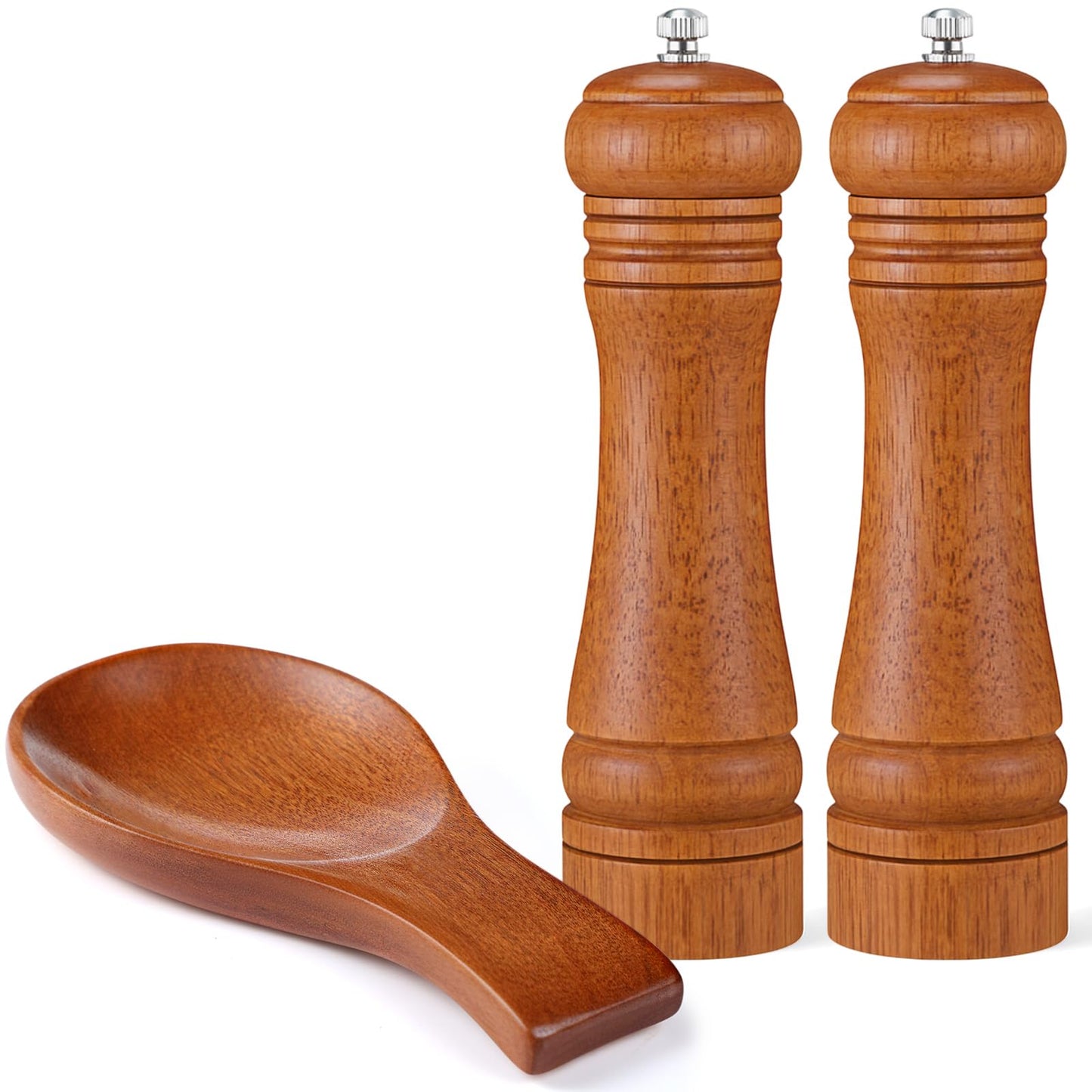 Patelai 3 Pcs Kitchen Counter Set Oak Wood Salt Pepper Grinder with Bamboo Spoon Rest Holder Modern Farmhouse Rustic Accessories for Kitchen Cooking Serving Dining BBQ Table Countertop Decoration