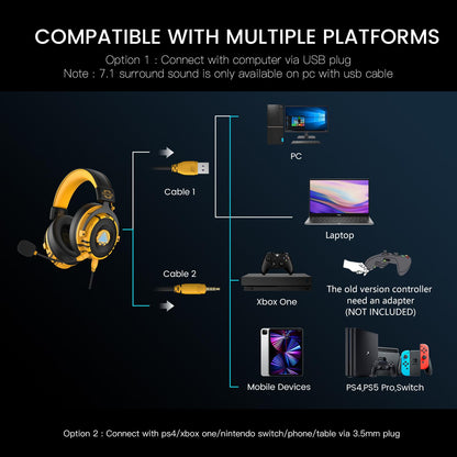 EKSA USB Gaming Headset for PC, Computer Gaming Headphones with Detachable Microphone Noise Cancelling, 7.1 Surround Sound, 50MM Driver, Wired Headset for PS4 PS5, Xbox One, Laptop (Yellow)