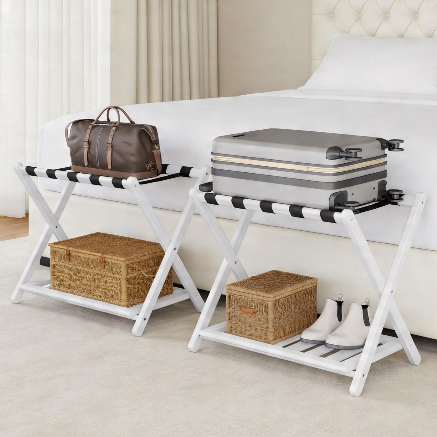 Oakvora Luggage Rack for Guest Room - Set of 2 Full Assembled 26.77" L Luggage Rack Stand for Suitcases, Foldable Luggage Holder with Shoe Shelf for Bedroom, Hotel (White Bamboo Suitcase Stands)