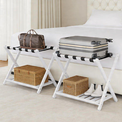 Oakvora Luggage Rack for Guest Room - Set of 2 Full Assembled 26.77" L Luggage Rack Stand for Suitcases, Foldable Luggage Holder with Shoe Shelf for Bedroom, Hotel (White Bamboo Suitcase Stands)