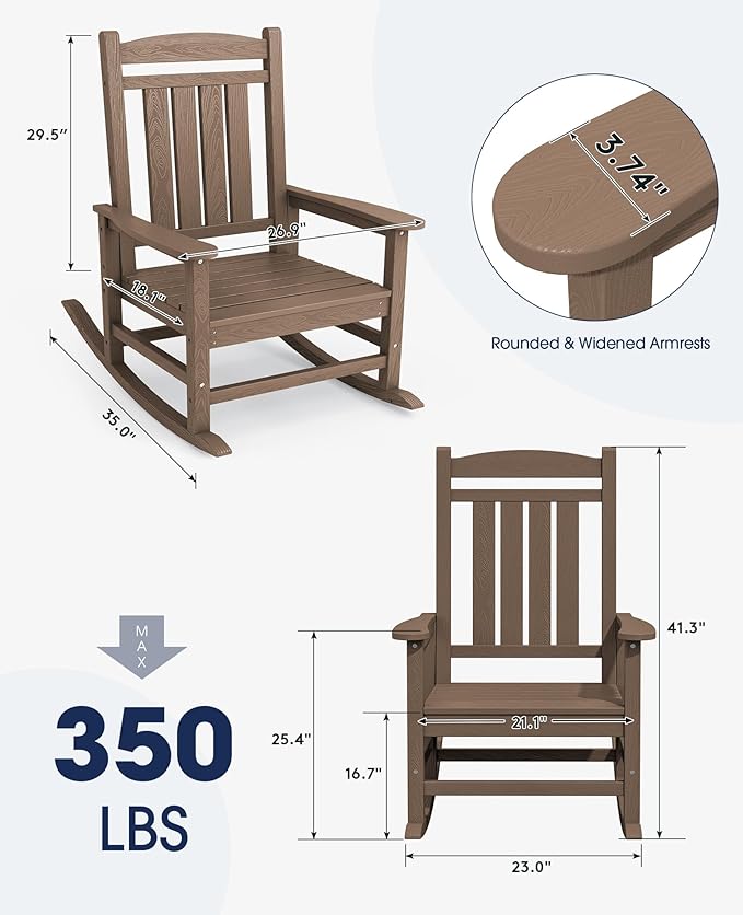 KINGYES HDPE Outdoor Rocking Chair Set of 2, Widened Seat Patio Rocking Chair, Oversized All Weather Patio Rocker, Brown