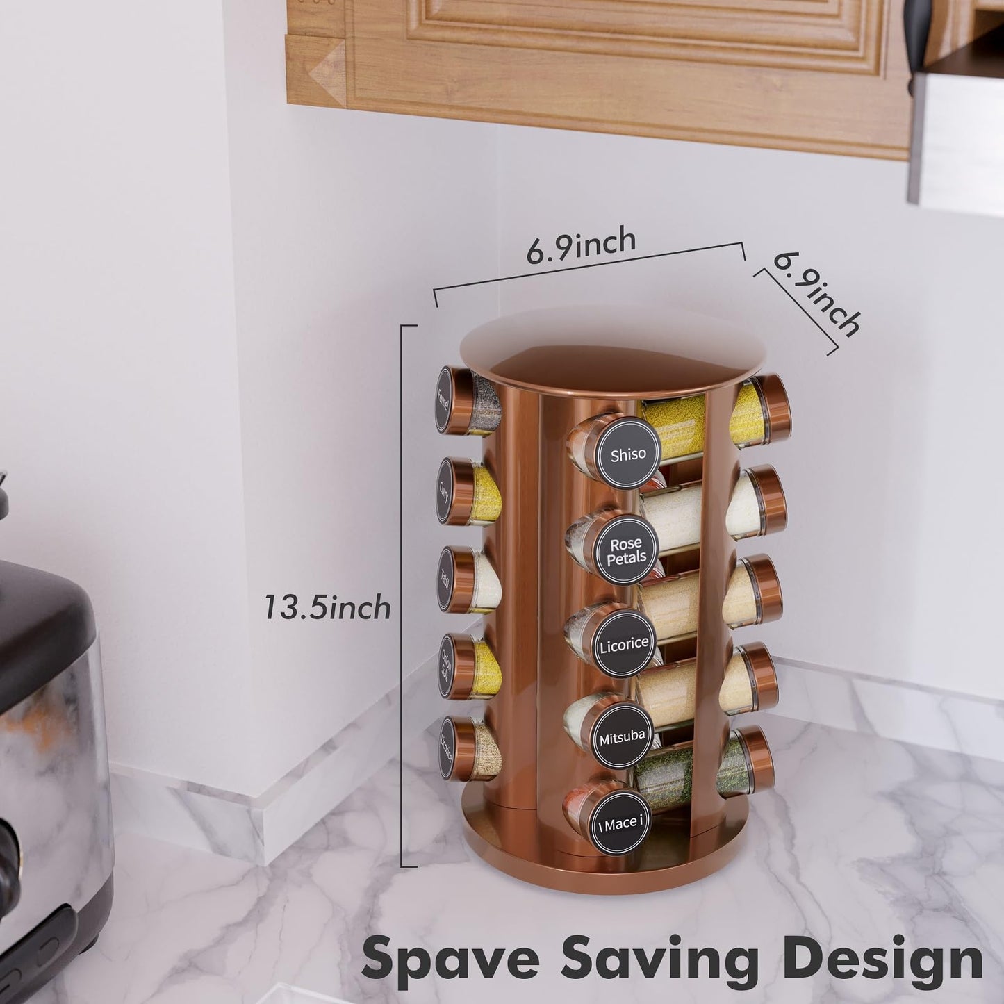 Revolving Spice Rack Set with 20 Spice Jars, Kitchen Spice Tower Organizer for Countertop or Cabinet -- Carousel Storage Includes 386 Spice Labels -- Desktop Rotating Seasoning Organizer