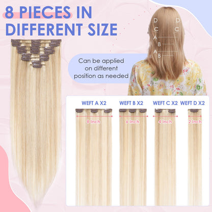 Elailite Clip in Hair Extension Real Human Hair Remy Natural Hair - 8 Pieces (Thin Weft) Full Head Straight - #18/613 Ash Blonde Mix Bleach Blonde - 10 Inch (50 g)