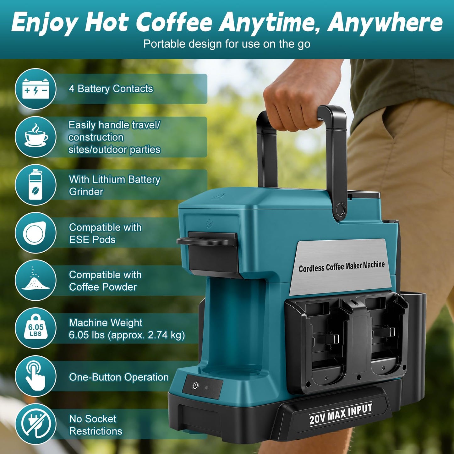 LEZZYRUCK Cordless Coffee Maker for Makita 18V Battery (No Battery), Portable Drip Coffee Machine with Electric Coffee Grinder and Coffee Cup, for RV, Camping, Travel