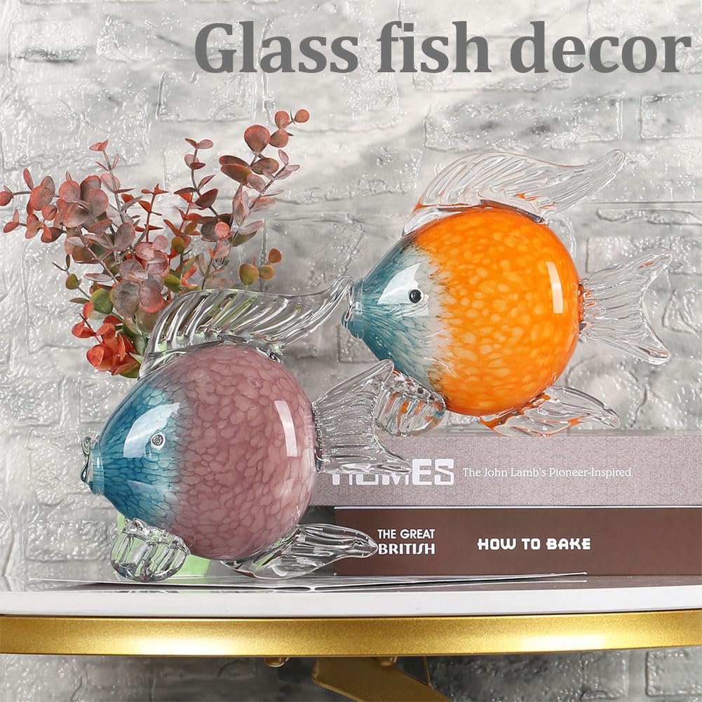 QIANLING Glass Fish Figurines - Coastal Home Decor, Modern Ocean Centerpieces for Living Room, Dining Area, Bathroom, Office, Coffee Table, Beach House, Nautical, Seaside, Entrance, Shelf Display