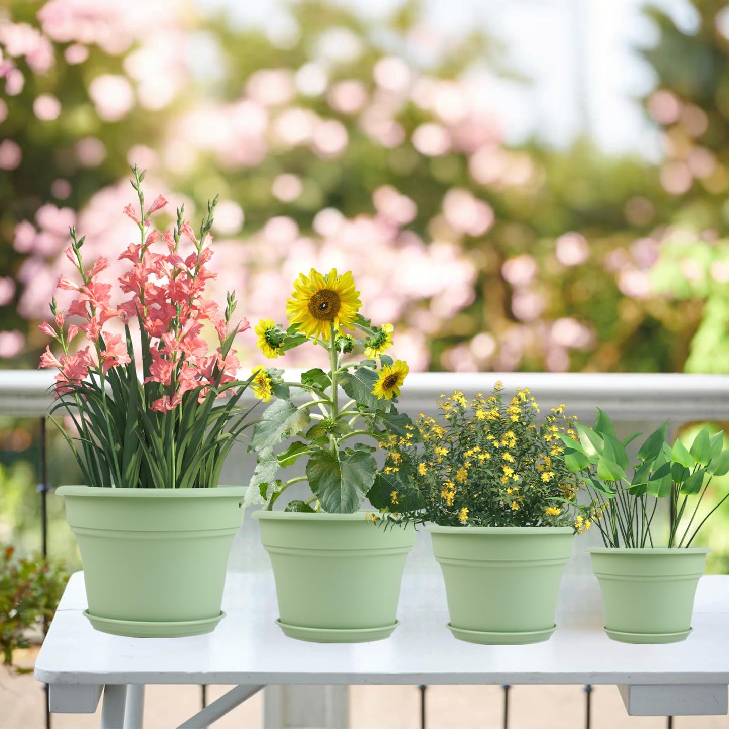 Pottiffe 13 Inch Plastic-Flower-Pot-for-Indoor-Plants, 4 Pack Large Outdoor Planter Pot with Drainage Holes & Saucers, Resin Decorative Garden Pots Planters