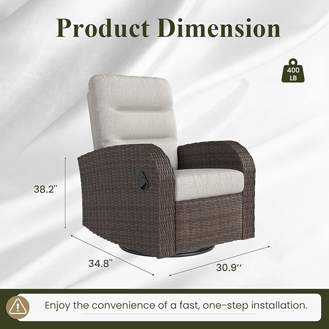 LayinSun Oversized Wicker Outdoor Swivel Glider Recliner with Adjustable Backrest & Footrest, Patio Reclining Lounge Chair - Set of 2